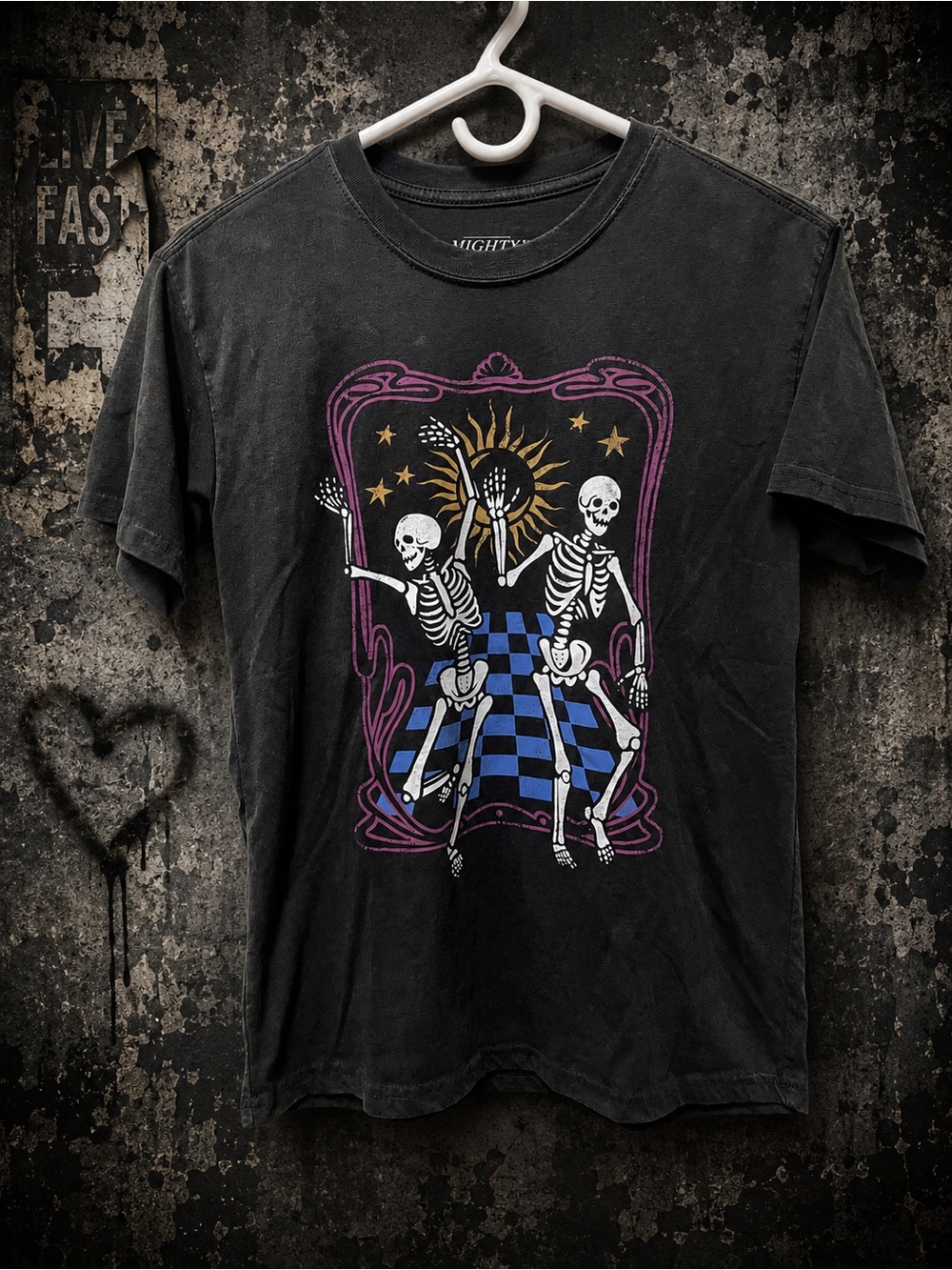 Mighty Fine Black Short-Sleeve Tee with Skeleton Dance Graphic
